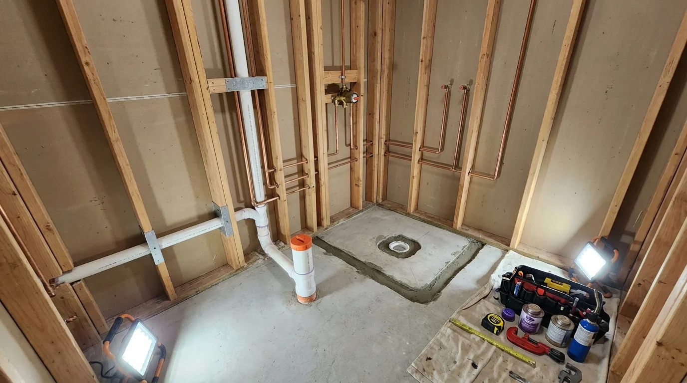 Bathroom rough-in plumbing during remodel by Johns Plumbing LLC in Canal Winchester