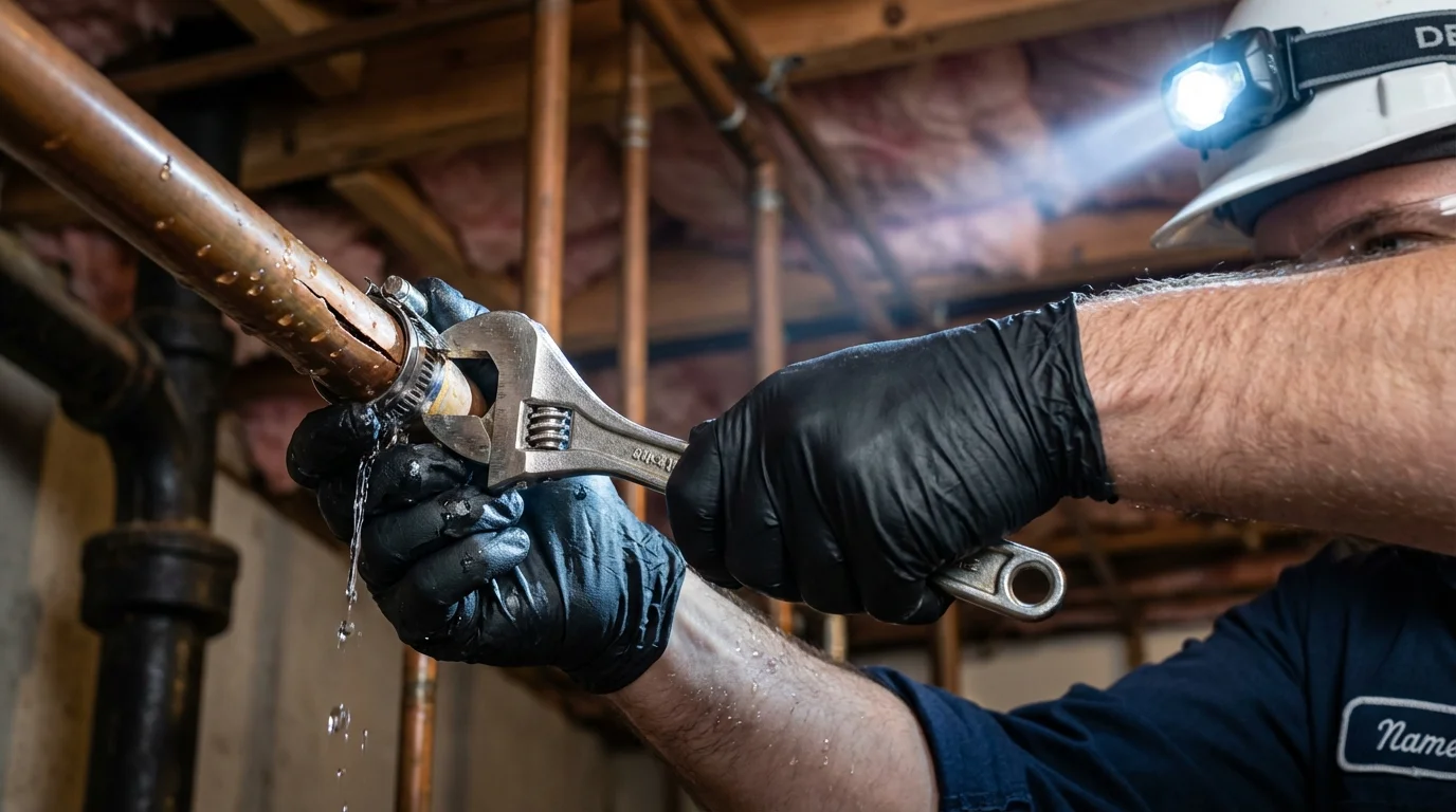 Emergency pipe clamp repair being performed by a Johns Plumbing LLC plumber in Canal Winchester