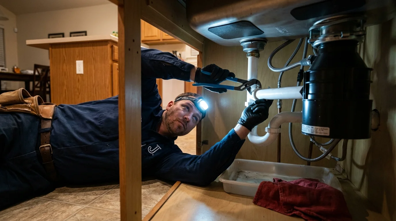 P-trap and supply line connections under a kitchen sink showing a common leak point in Canal Winchester, OH